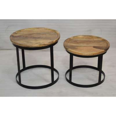 Industrial Round Base Mango Wood Top Coffee Table Set of 2