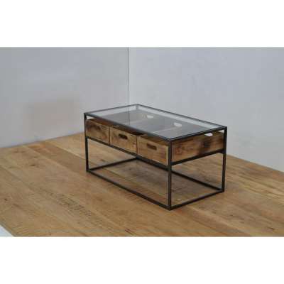 Industrial Urban Loft Glass Top Tray Drawer Coffee Table