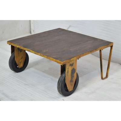 Industrial Antique Vintage Yellow Disstressed Dark Wood Top Coffee Table With Wheels